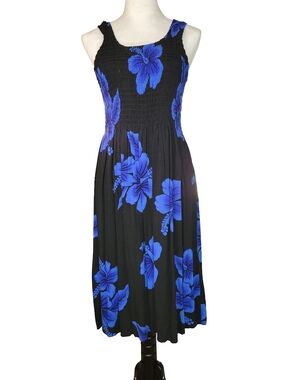 Aloha Hut Hawaii Blue Hibiscus Smocked Sundress Tropical Luau One Size